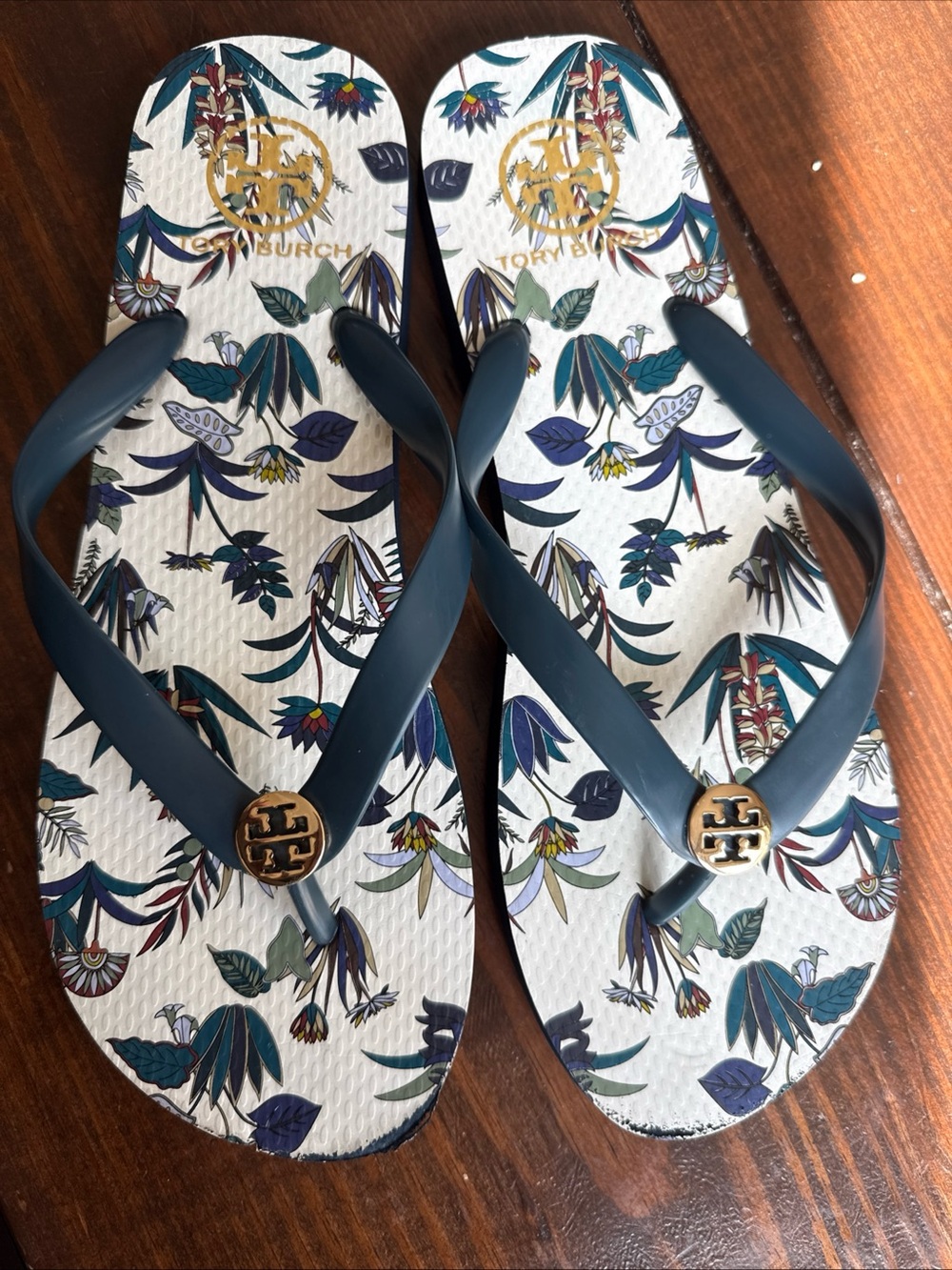 Tory Burch Women’s Flip Flop Sandals Blue/White Floral Logo Rubber Size 9
